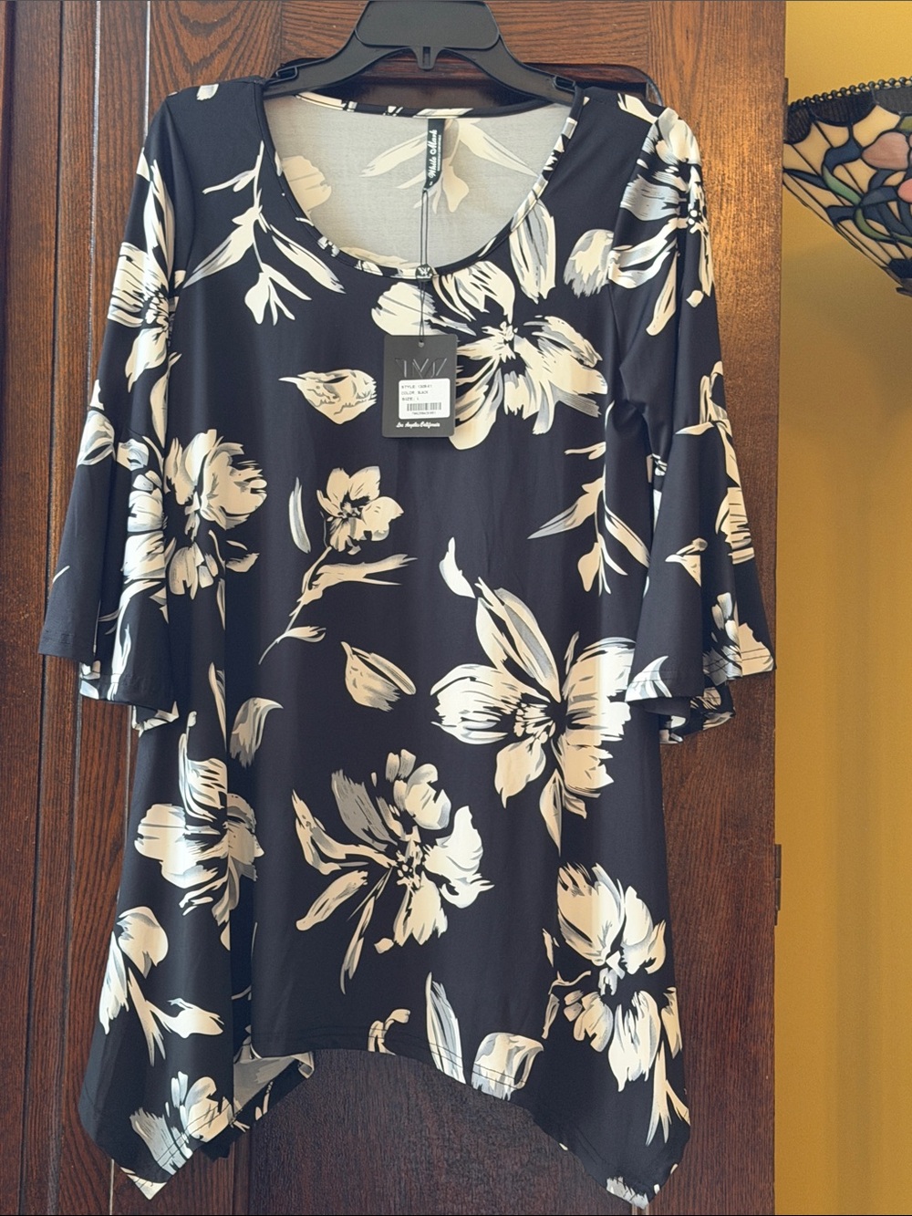 White Mark Black Gray and Cream Floral Scoop Neck Tunic Top